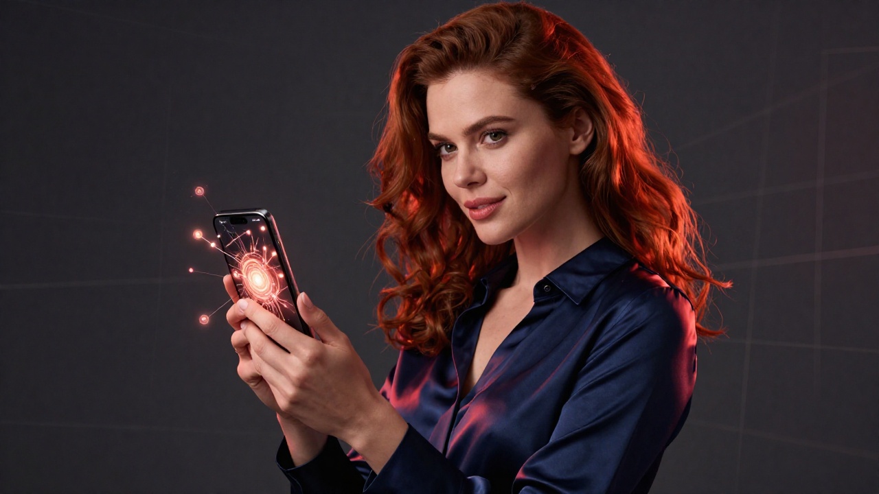 Красивая женщина с телефоном и абстрактная визуализация сети Tron для статьи о калькуляторе комиссии TRX