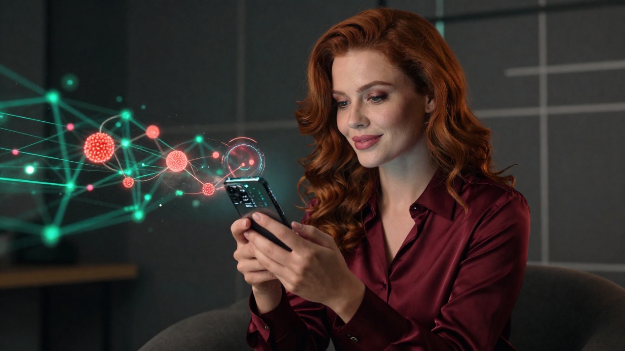 Красивая женщина с телефоном рассчитывает комиссию TRX через калькулятор сети Tron