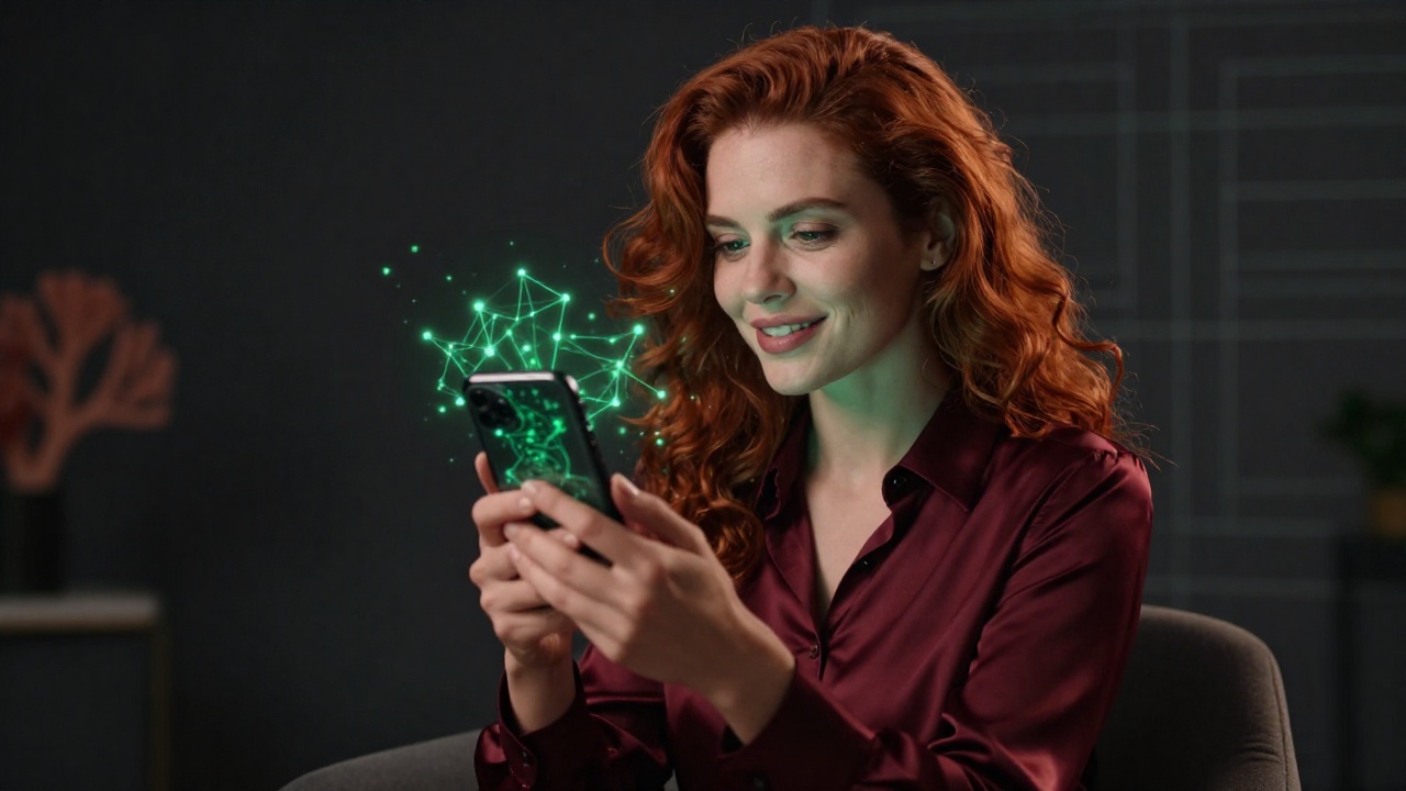 Красивая женщина с телефоном и абстрактной визуализацией блокчейн сети Tron, символизирующей расчёт комиссии TRX