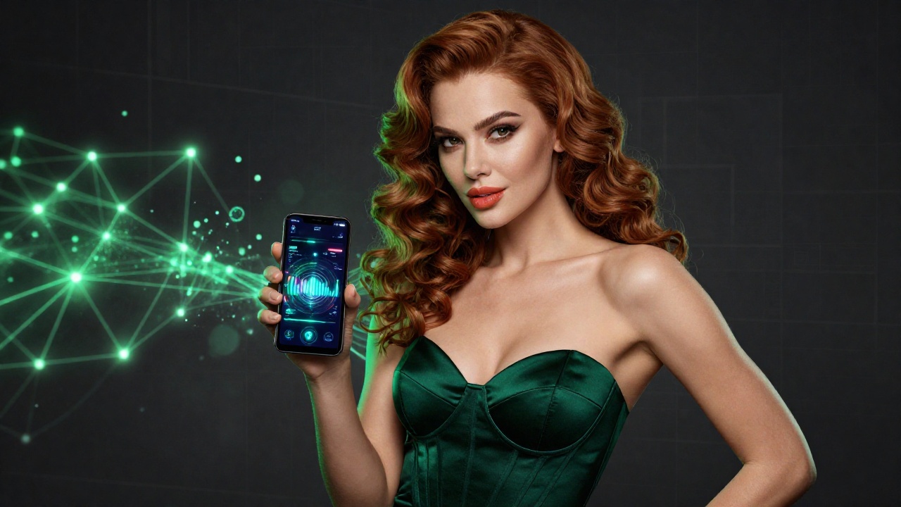 Красивая девушка с телефоном на фоне абстрактной блокчейн-сети Tron — иллюстрация к статье о калькуляторе комиссий TRX